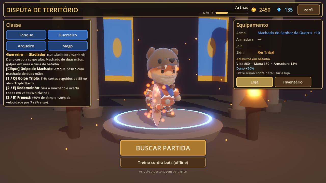 Lobby do jogo com o Guerreiro equipado